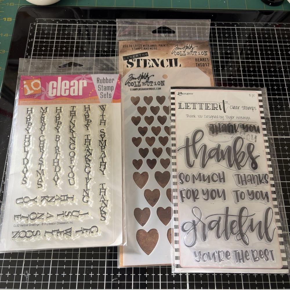 Lot 2 Stamp Sets 1 Tim Holtz Hearts Stencil Ranger Letter It Vertical Greeting